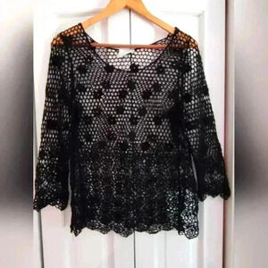 Breeze Ever Women's black crochet knit 3/4 sleeve sweater top | Lg | runs Small